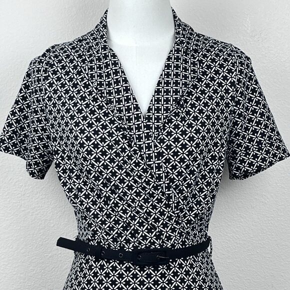 Louie Lucie Dress Womens Small Midi Fit and Flare Geometric Office Retro Belted - Picture 3 of 15
